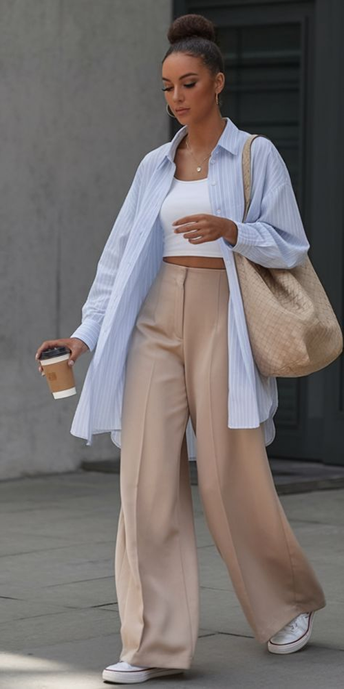 Mulher com coque alto, cropped branco, calça bege e camisa azul listrada longa usada como terceira peça, com tênis branco e café na mão. easychic