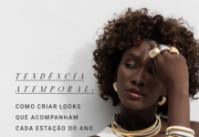 Estilos de Semijoias que acompanham as estações do ano Mulher negra elegante usando semijoias douradas e prateadas, como brincos, colares, anéis e pulseiras, posando em fundo claro. Ao lado, a frase “Tendência Atemporal: como criar looks que acompanham cada estação do ano”, destacando a versatilidade das semijoias para primavera, verão, outono e inverno.